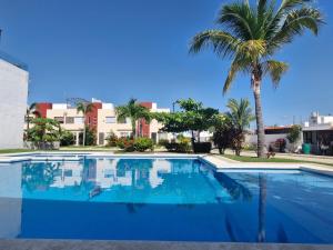 a large blue swimming pool with a palm tree at Casa Mar y Laguna PUERTA AL SOL in General Juan N Alvarez International Airport