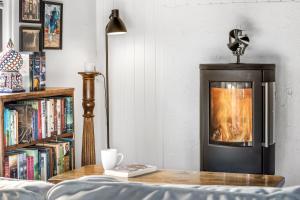 ein Wohnzimmer mit einem Kamin und einem Bücherregal in der Unterkunft Holiday Cottage with Hot Tub in a Scenic Retreat in Haderslev