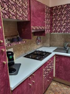 a kitchen with red cabinets and a stove top oven at Kiki House in Turin