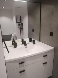 een badkamer met een witte wastafel en een spiegel bij gite Condrieu parking privé in Condrieu