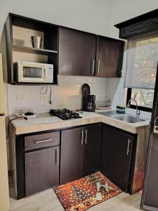 a kitchen with brown cabinets and a sink and a microwave at Villa JR 4 near the Guacalillo Rock in Tivives