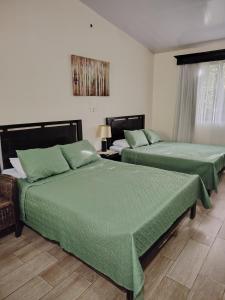 a bedroom with two beds with green sheets at Villa JR 4 near the Guacalillo Rock in Tivives
