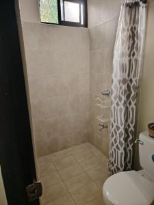 a bathroom with a shower with a toilet and a window at Villa JR 4 near the Guacalillo Rock in Tivives +40 photos