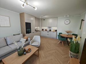 a living room with a couch and a table at Amber Coast Apartment Gdańsk in Gdańsk