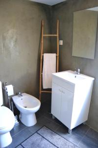 a bathroom with a white toilet and a sink at Casa da Eduardinha in Góis