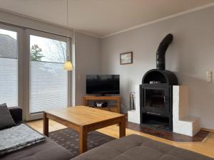 Hof DranskeにあるFerienhaus in Dranske auf Ruegenの暖炉とテレビのあるリビングルーム