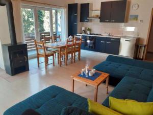 a living room with a blue couch and a table at Type C Comfortable holiday residence in Großbreitenbach