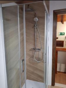 a shower with a glass door in a bathroom at Vivienda Vacaional El Navariegu 2 in Garaña