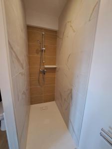 a bathroom with a shower with a glass door at Studio côté jardin in Maureillas