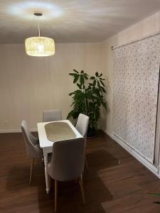 ein Esszimmer mit einem Tisch, Stühlen und einer Pflanze in der Unterkunft Casa Las Salinas del Norte 1 in Caleta de Interián