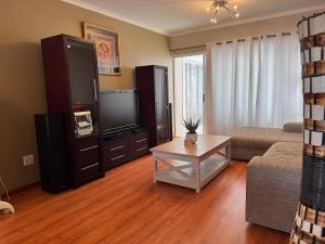 a living room with a couch and a tv at 2 Bedroom City Center Haven! in Swakopmund