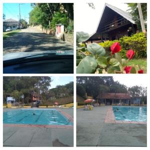 a collage of photos with a pool and a building at Chalé em camping in Itu