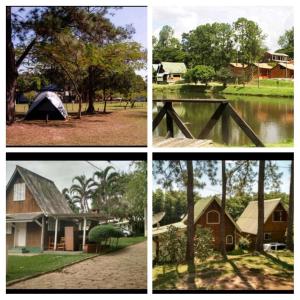 four different pictures of houses and a tent at Chalé em camping in Itu