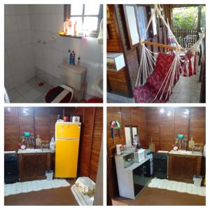 a collage of three pictures of a kitchen at Chalé em camping in Itu