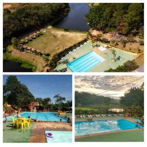 a collage of four pictures of a swimming pool at Chalé em camping in Itu