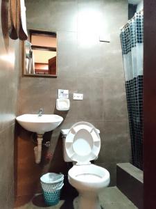 Un baño con un inodoro blanco y un lavabo. en Hostal GRIMALDI, en Baños