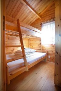 a bunk bed in a wooden cabin with a ladder at Domki letniskowe KEYA in Gąski