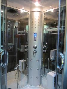 een douche in een badkamer met een glazen deur bij View apartment Семицвіт in Lviv