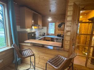 a kitchen with a counter and two chairs in a cabin at Feriendorf Blauvogel Blauvogel 040 in Hasselfelde