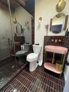Un baño con inodoro, ducha y lavabo. en Poni - Luxurious Little Charmer (Poni Suite), en Santa Fe