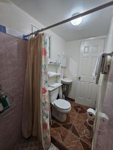 a bathroom with a toilet and a shower at Lovely Flower Garden Apartment in Alto Boquete