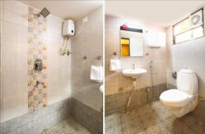 two pictures of a bathroom with a toilet and a sink at Aqua City Hotel in Panjim in Panaji +11 photos