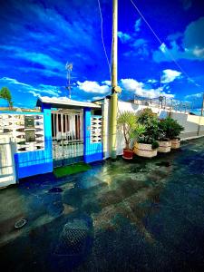 a blue building with plants in a parking lot at Truly Apulia in Bari