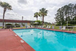 a swimming pool at a resort with chairs and palm trees at Super 8 by Wyndham Hardeeville - Savannah North in Hardeeville