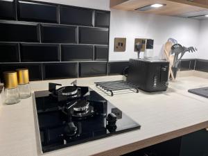 a kitchen with a stove top oven on a counter at Ground Floor Studio Apartment in Burnham on Crouch
