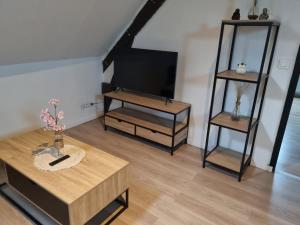 a living room with a flat screen tv and two shelves at Appart'hotel SOLESMES in Solesmes