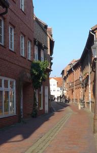 a cobblestone street in a city with brick buildings at Altstadthaus "Schlägertwiete Nr.3" in Lüneburg