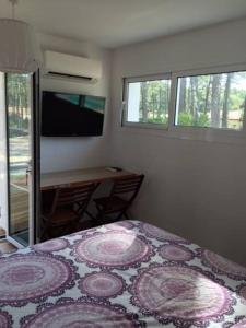 a bedroom with a bed and a desk and windows at Villa MA&VA in Lacanau-Océan