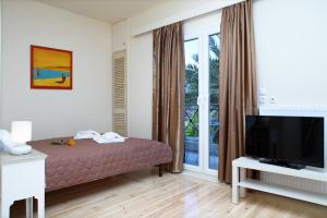 ein Schlafzimmer mit Bett und Flachbildfernseher in der Unterkunft Niriides in Lefkada Town