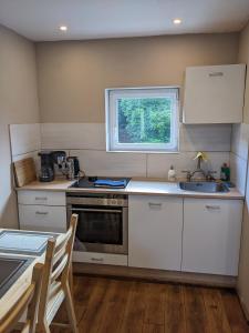 a kitchen with white cabinets and a sink and a window at Kleine Wohnung am waldrand in Baustert