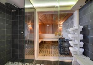 a bathroom with a shower and a walk in shower at Górski Domek Nad Wodospadem in Jagniątków