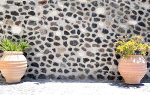 dos jarrones con flores en una pared de piedra en Studio Mary en Perissa