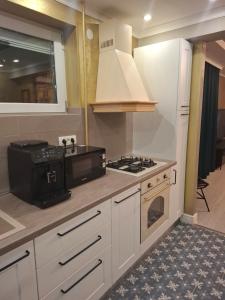 a kitchen with white cabinets and a stove top oven at ClausStudio Greenfield Baneasa Therme Aeroport in Otopenii de Jos