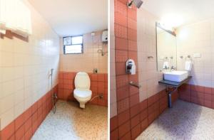 two pictures of a bathroom with a toilet and a sink at Aqua City Hotel in Panjim in Panaji