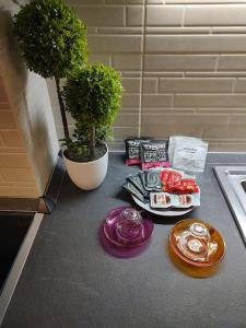 eine Theke mit einem Teller Lebensmittel und einer Pflanze in der Unterkunft Appartamento 2 camere 1 bagno in Voghera