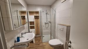 a bathroom with a shower and a toilet and a sink at Ferienwohnung Boje 6 in Schillig +9 photos