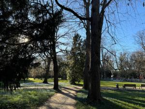 a park with trees and a bench in the grass at Urban Suites HBN in Heilbronn