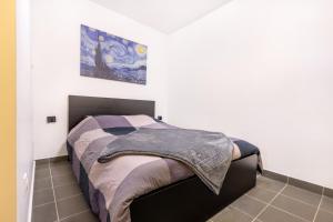 a bedroom with a bed with a painting on the wall at La salamandre, 2 people, ground floor, free Wi-Fi in Roncq