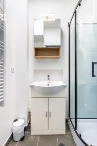 a bathroom with a white sink and a shower at La salamandre, 2 people, ground floor, free Wi-Fi in Roncq