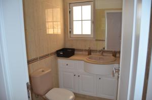 een badkamer met een wastafel, een toilet en een spiegel bij Alegre Apartamento in Cascais +12 foto's