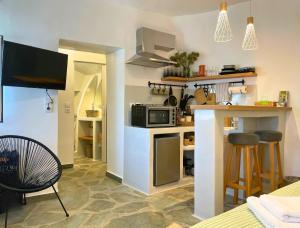 a small kitchen with a counter and a microwave at Dryopis Studio in Kithnos