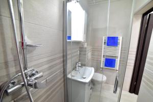 a bathroom with a toilet and a sink and a shower at White House & Jacuzzi in Sibiu +2 photos