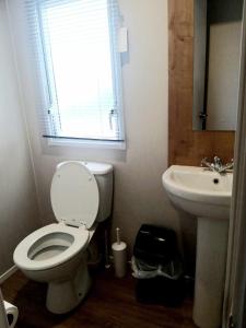 a bathroom with a toilet and a sink at 6 berth golden sands Rhyl in Kinmel Bay