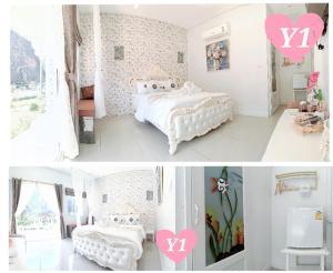 a room with two beds and a room with a heart wall at รักเขาแอนด์บ้านมุง in Ban Mung