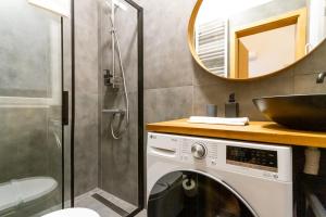 a bathroom with a washing machine and a mirror at BudaVibe Apartman w AC by NW in Budapest