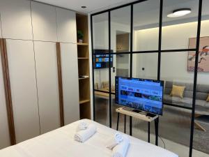 a living room with a tv and a couch at POST VIEW Center Luxury Apartments 5 in Ioannina